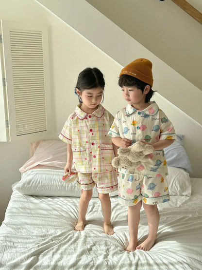 半袖セットアップ キッズパジャマセット チェック/宇宙プリント 半袖シャツ+ショートパンツ【mh0008871】