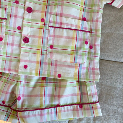 半袖セットアップ キッズパジャマセット チェック/宇宙プリント 半袖シャツ+ショートパンツ【mh0008871】