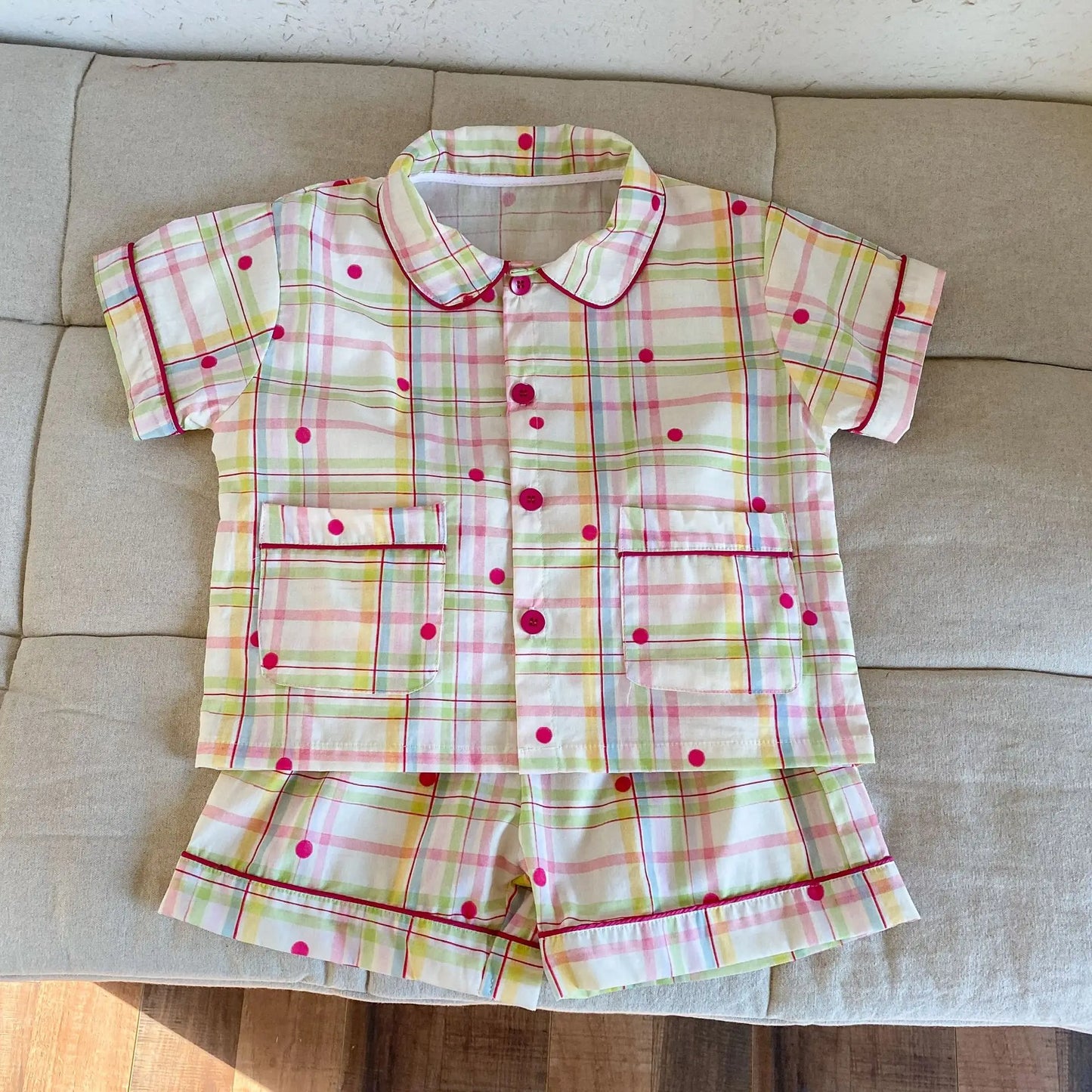 半袖セットアップ キッズパジャマセット チェック/宇宙プリント 半袖シャツ+ショートパンツ【mh0008871】