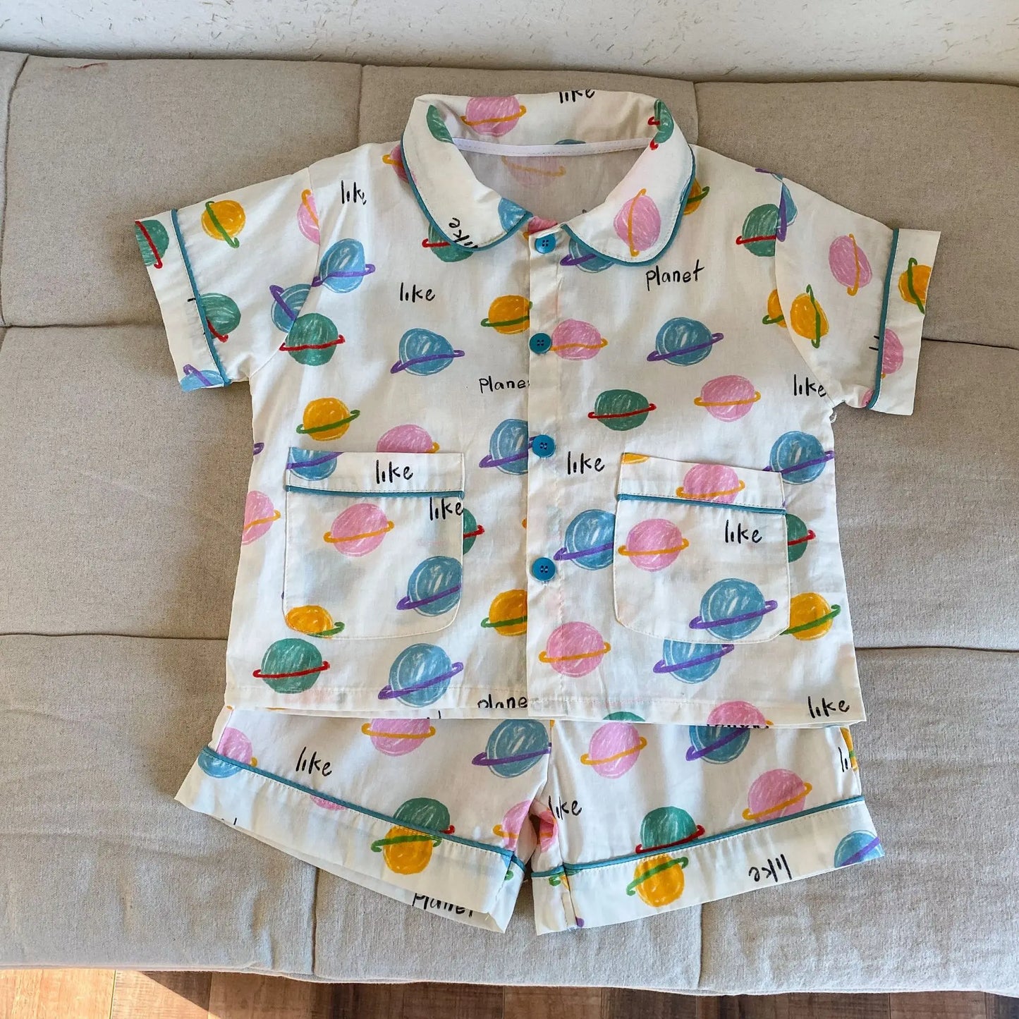 半袖セットアップ キッズパジャマセット チェック/宇宙プリント 半袖シャツ+ショートパンツ【mh0008871】