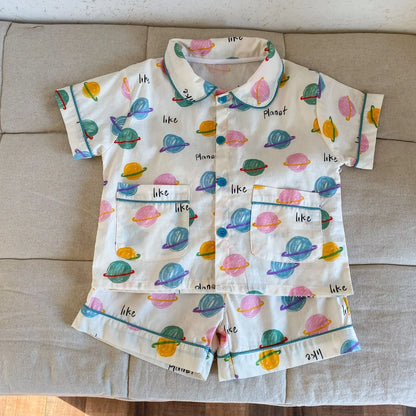 半袖セットアップ キッズパジャマセット チェック/宇宙プリント 半袖シャツ+ショートパンツ【mh0008871】