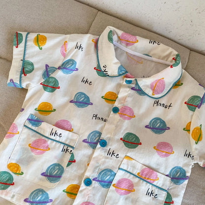 半袖セットアップ キッズパジャマセット チェック/宇宙プリント 半袖シャツ+ショートパンツ【mh0008871】