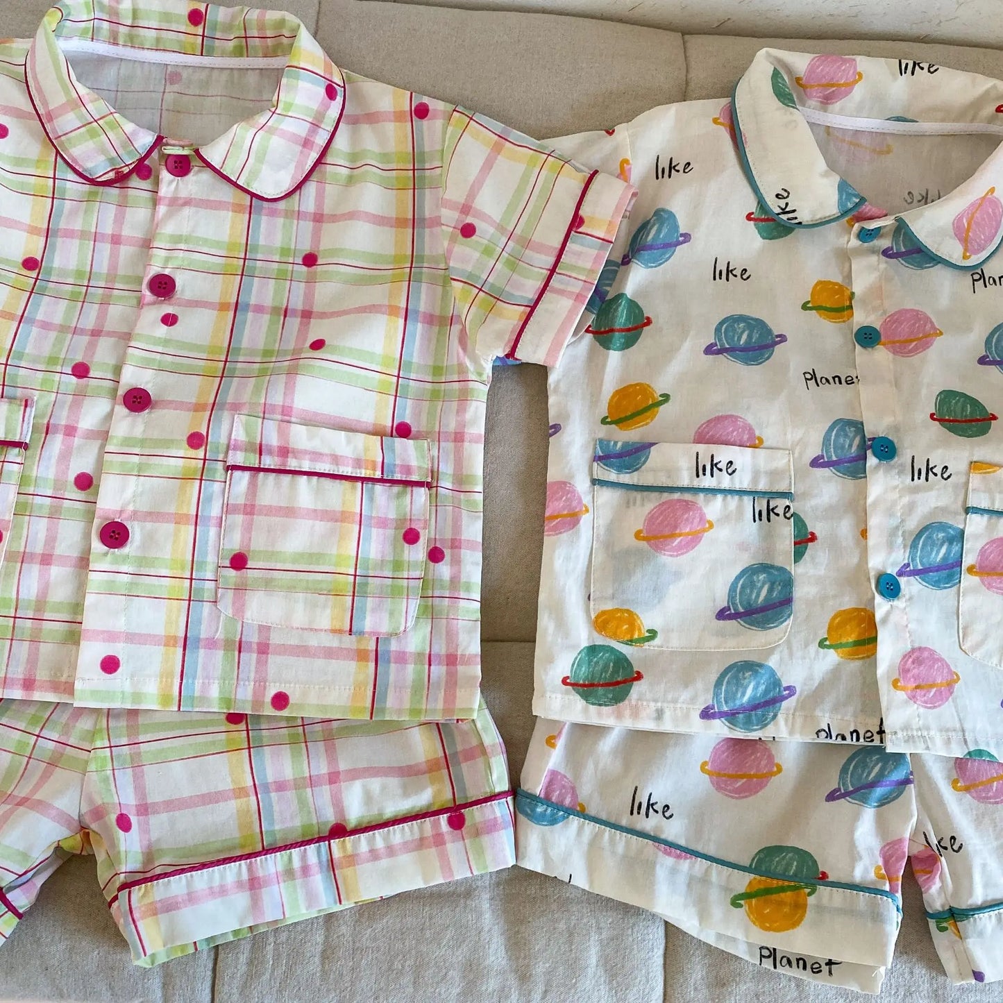 半袖セットアップ キッズパジャマセット チェック/宇宙プリント 半袖シャツ+ショートパンツ【mh0008871】