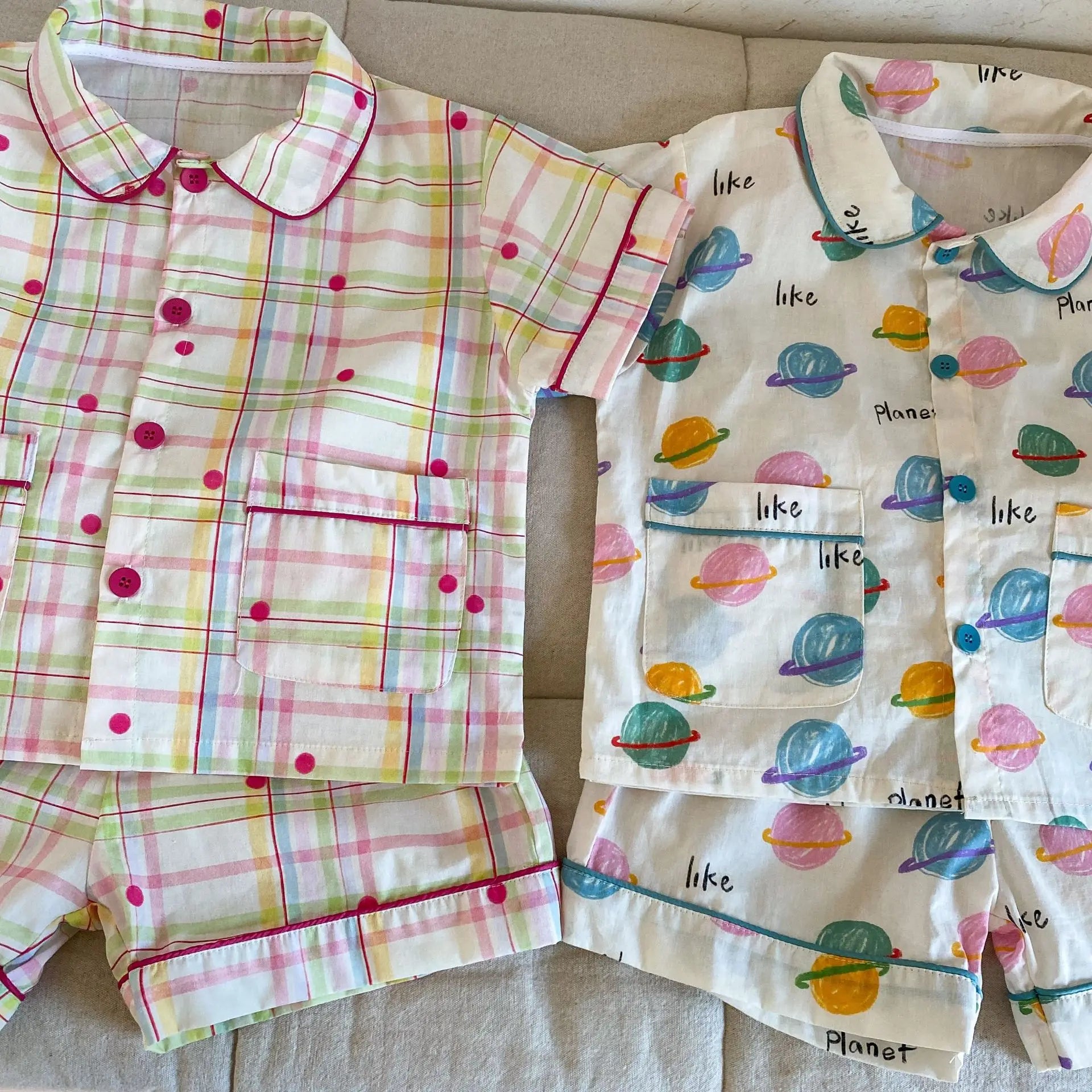 半袖セットアップ キッズパジャマセット チェック/宇宙プリント 半袖シャツ+ショートパンツ【mh0008871】