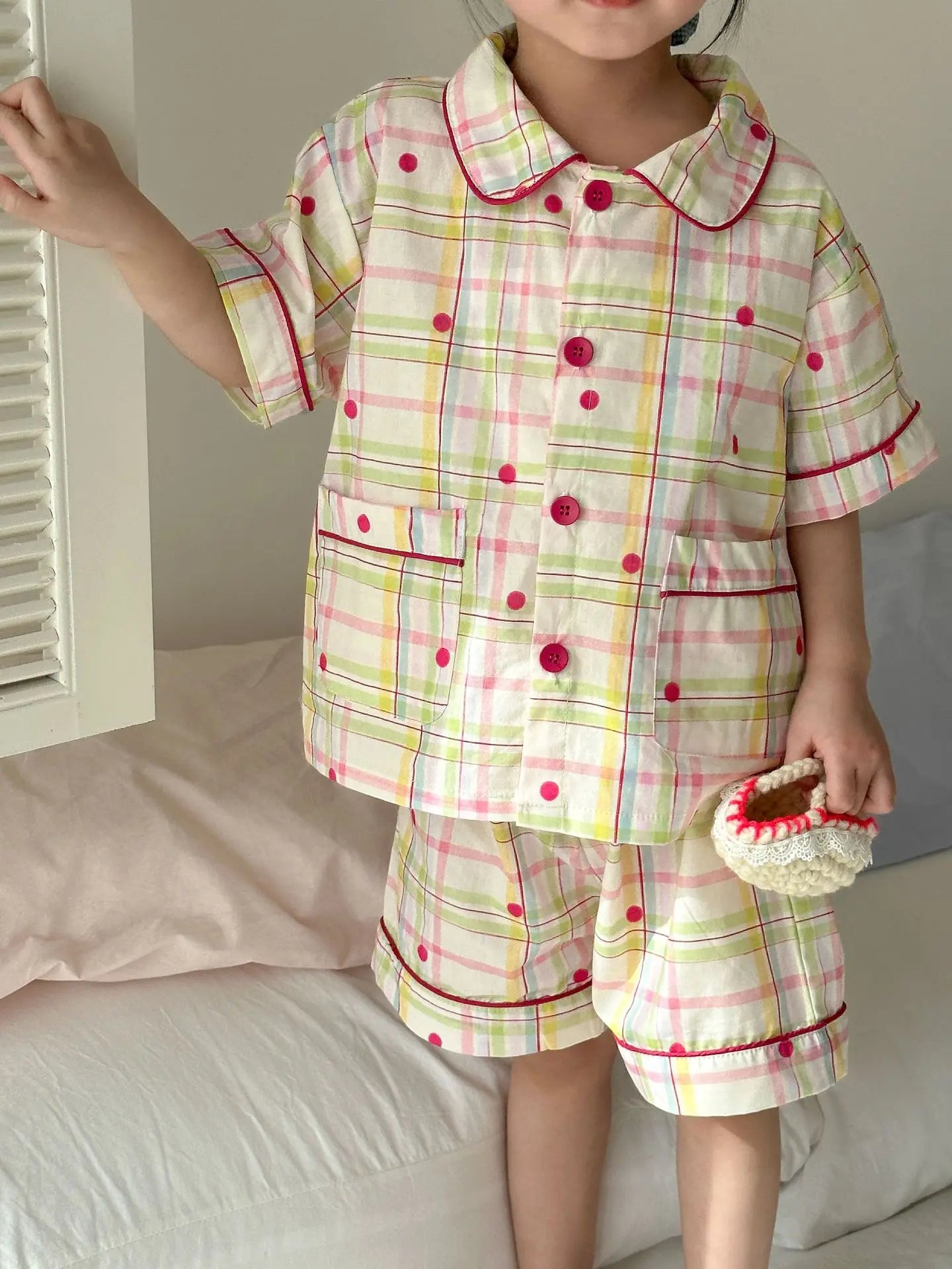 半袖セットアップ キッズパジャマセット チェック/宇宙プリント 半袖シャツ+ショートパンツ【mh0008871】