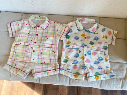 半袖セットアップ キッズパジャマセット チェック/宇宙プリント 半袖シャツ+ショートパンツ【mh0008871】