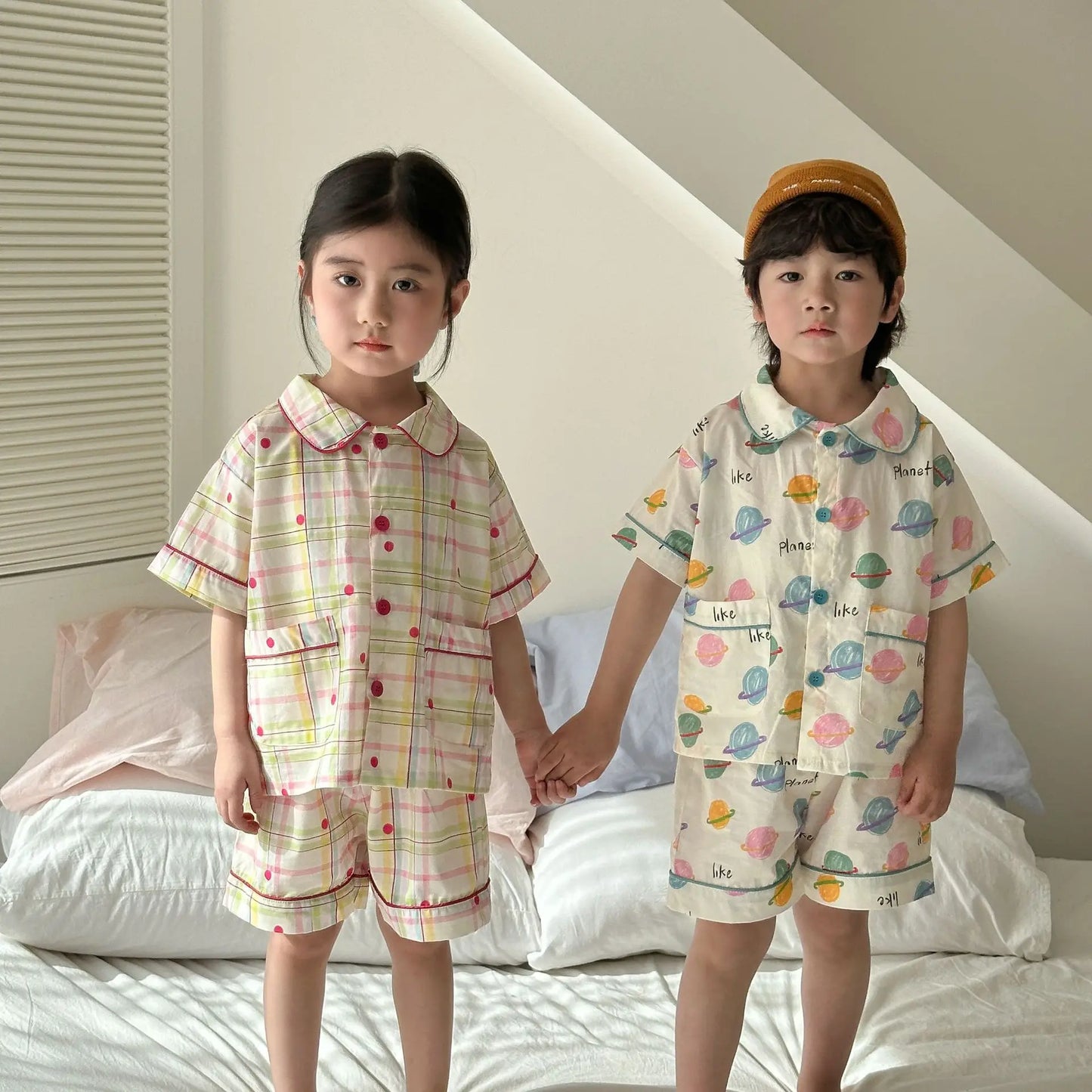 半袖セットアップ キッズパジャマセット チェック/宇宙プリント 半袖シャツ+ショートパンツ【mh0008871】