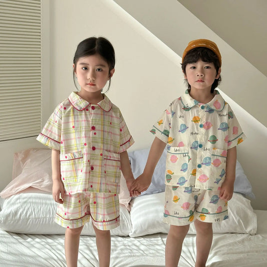半袖セットアップ キッズパジャマセット チェック/宇宙プリント 半袖シャツ+ショートパンツ【mh0008871】