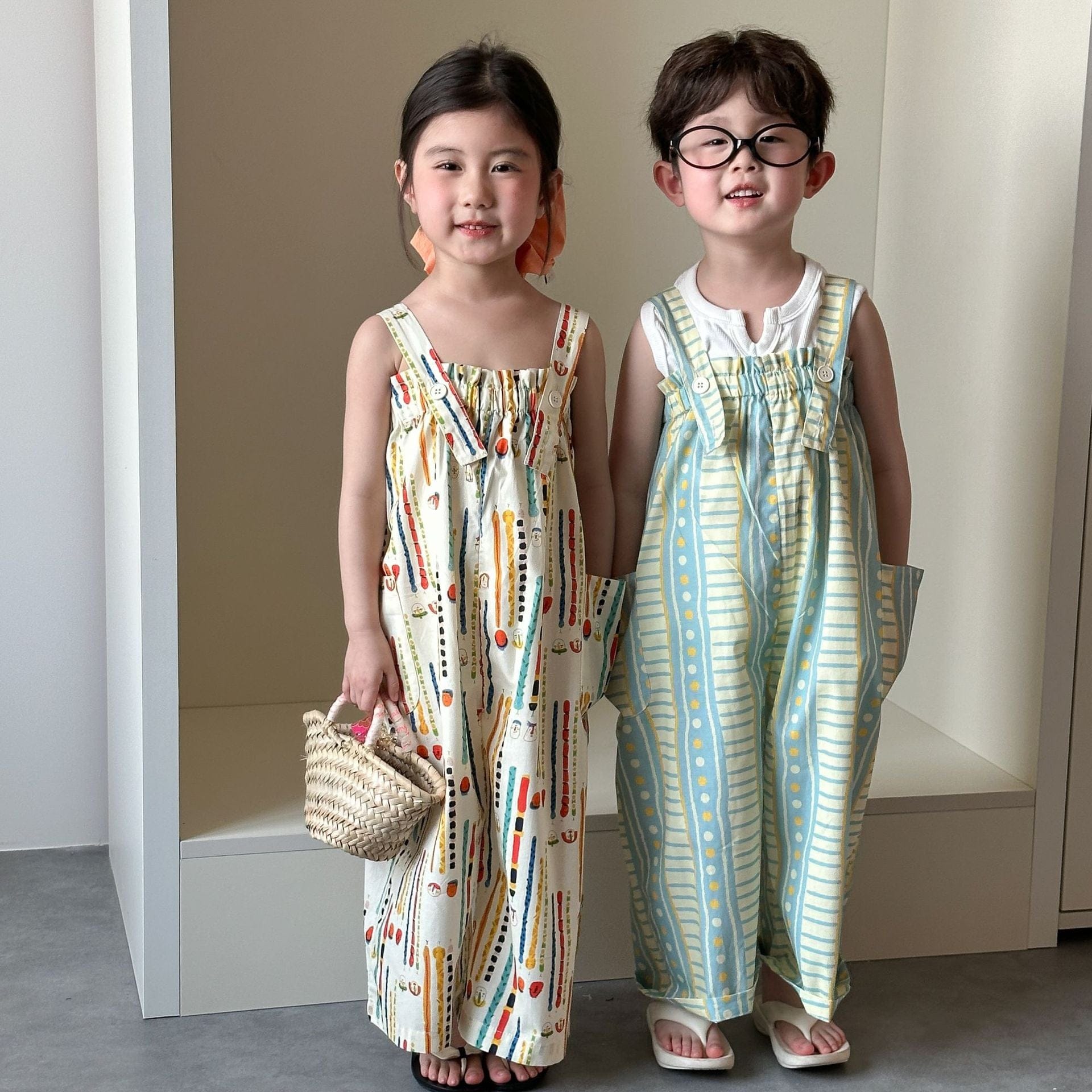 サロペットパンツ・サスペンダーパンツ 幾何学プリントルーズサスペンダーサロペットパンツ【mh0009829】