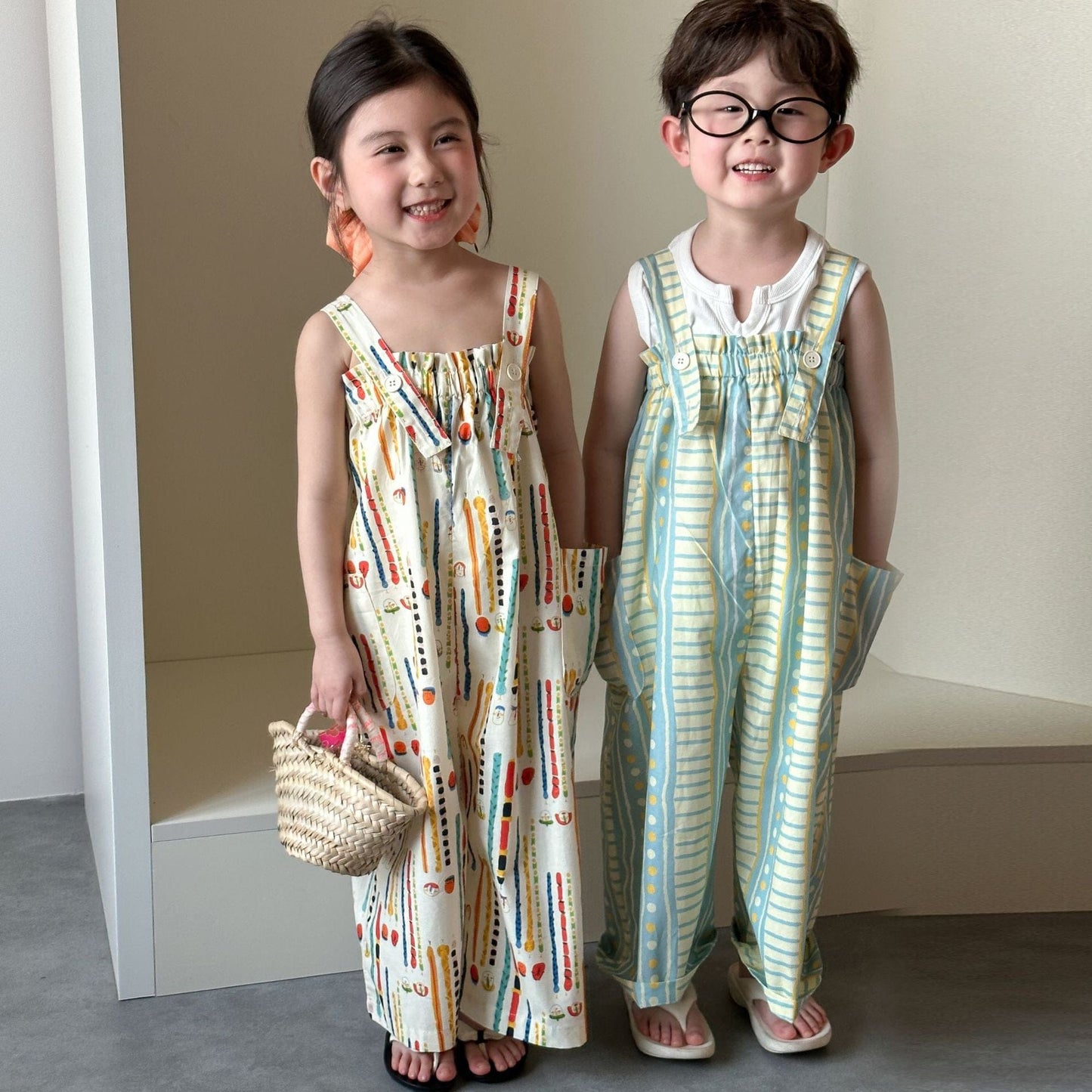 サロペットパンツ・サスペンダーパンツ 幾何学プリントルーズサスペンダーサロペットパンツ【mh0009829】