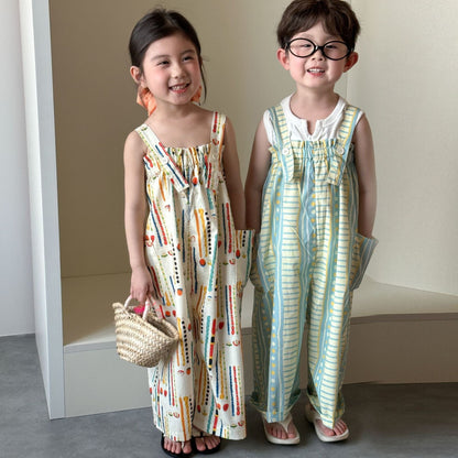 サロペットパンツ・サスペンダーパンツ 幾何学プリントルーズサスペンダーサロペットパンツ【mh0009829】