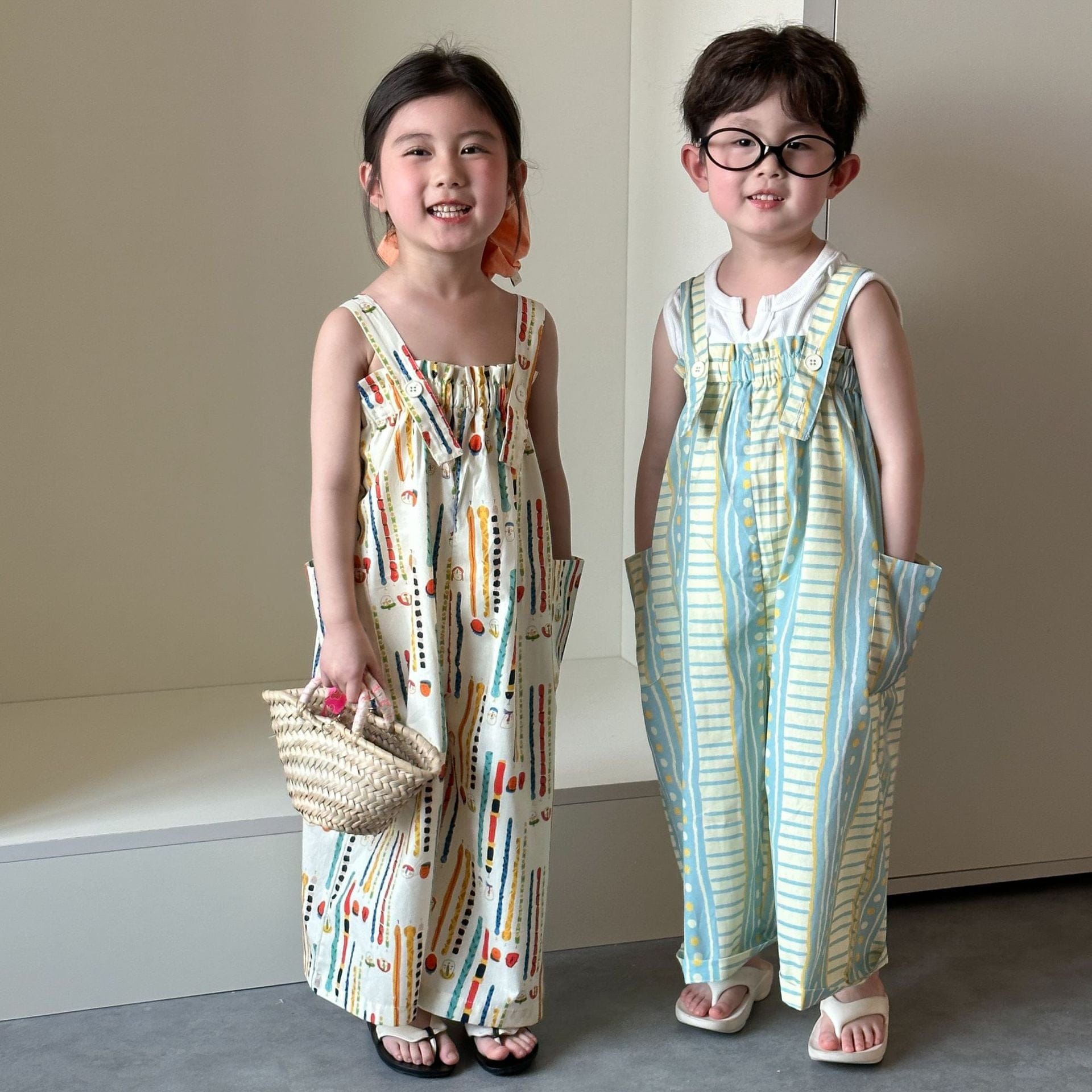 サロペットパンツ・サスペンダーパンツ 幾何学プリントルーズサスペンダーサロペットパンツ【mh0009829】