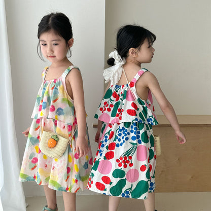ノースリーブワンピース カラフルフルーツプリントキャミソールワンピース【mh0009836】