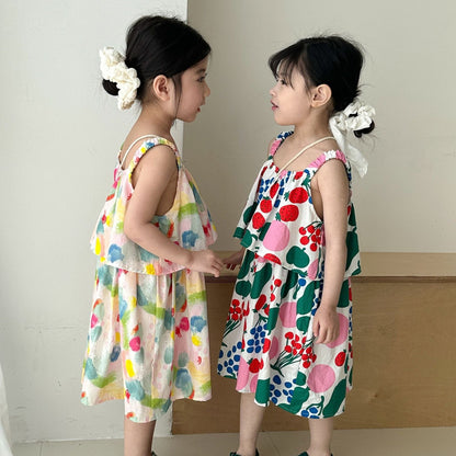 ノースリーブワンピース カラフルフルーツプリントキャミソールワンピース【mh0009836】