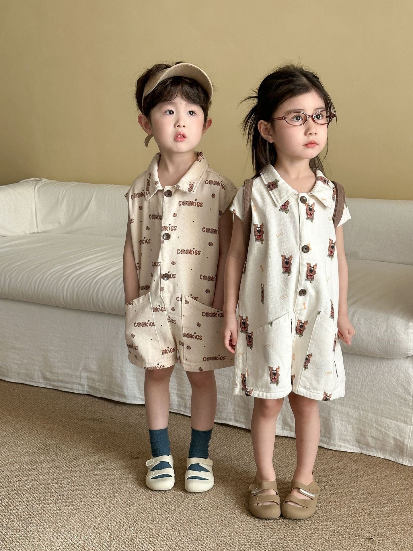 半袖ジャンプスーツ ドッグ犬/クッキー刺繍プリント半袖ジャンプスーツ【mh0010179】