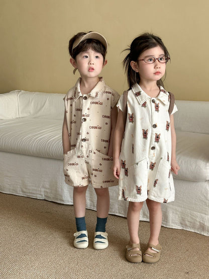 半袖ジャンプスーツ ドッグ犬/クッキー刺繍プリント半袖ジャンプスーツ【mh0010179】