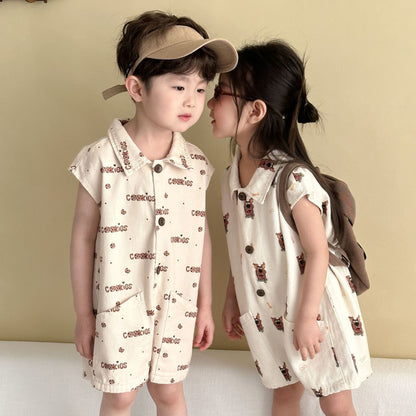 半袖ジャンプスーツ ドッグ犬/クッキー刺繍プリント半袖ジャンプスーツ【mh0010179】