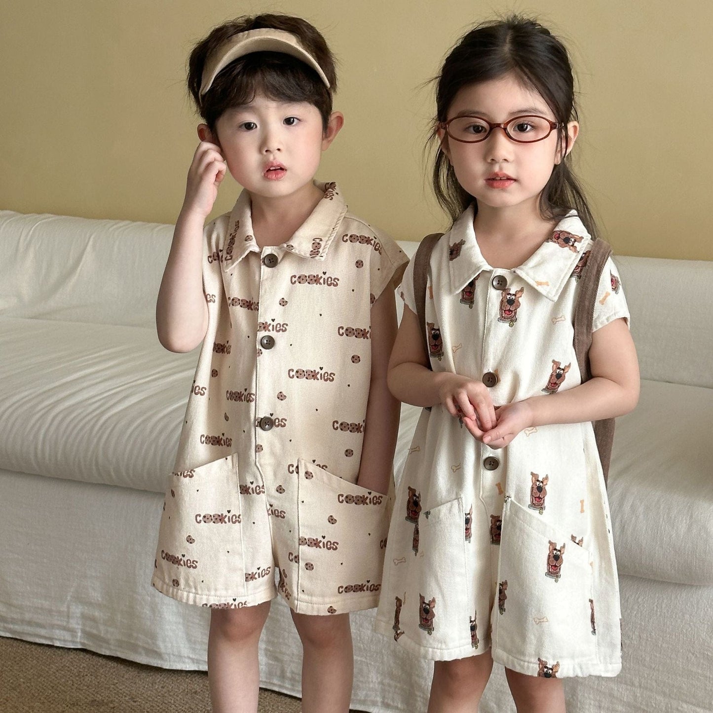 半袖ジャンプスーツ ドッグ犬/クッキー刺繍プリント半袖ジャンプスーツ【mh0010179】