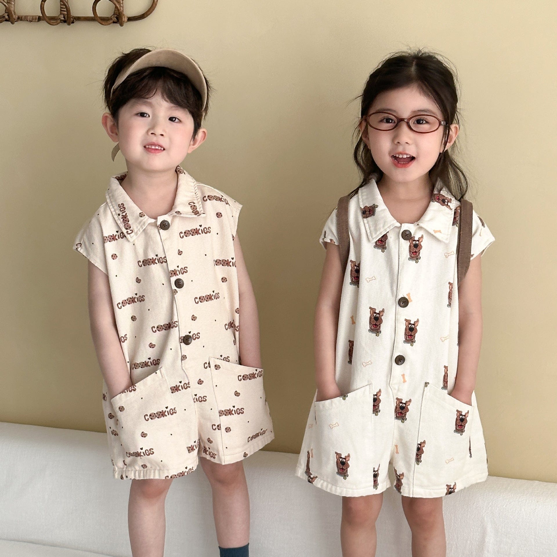 半袖ジャンプスーツ ドッグ犬/クッキー刺繍プリント半袖ジャンプスーツ【mh0010179】