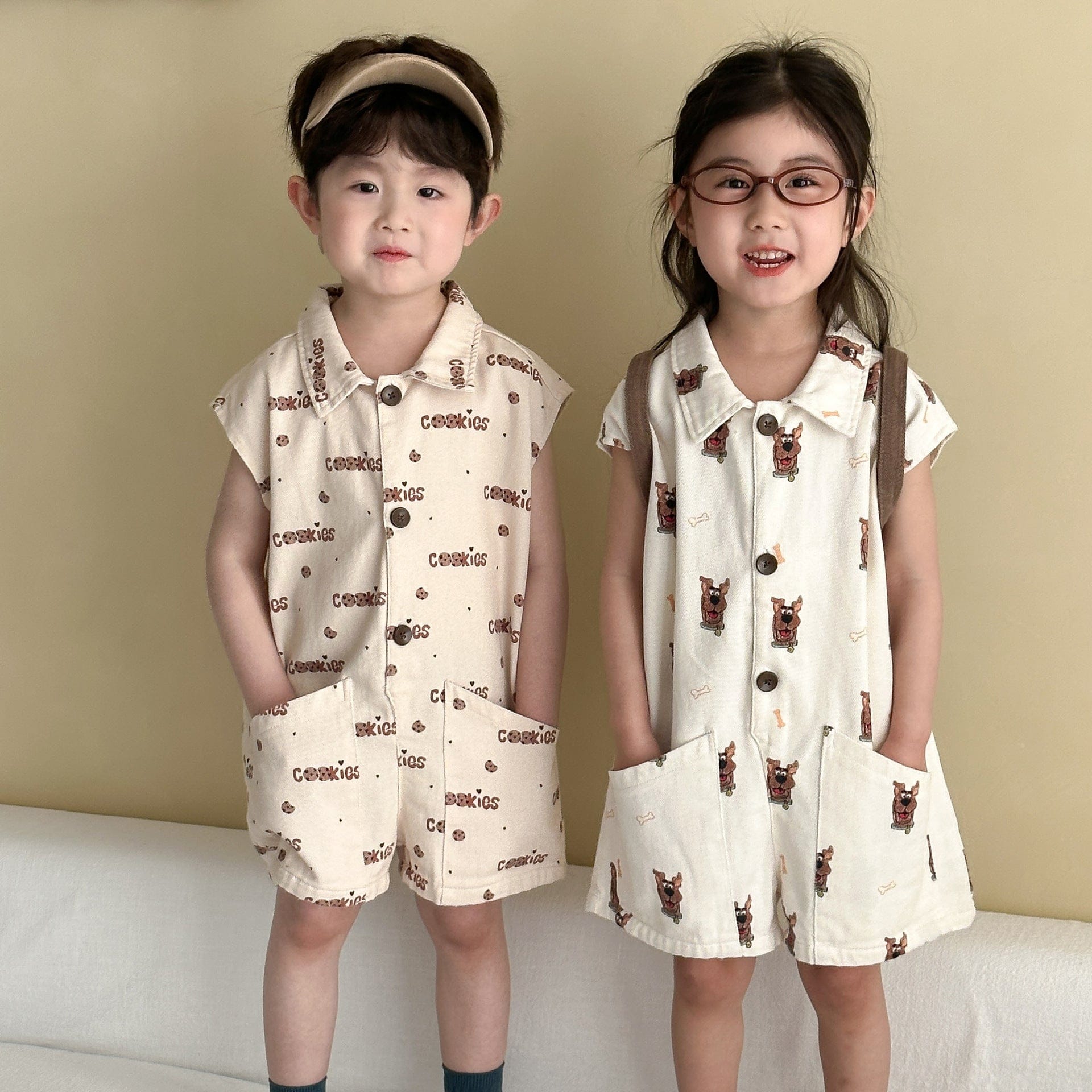 半袖ジャンプスーツ ドッグ犬/クッキー刺繍プリント半袖ジャンプスーツ【mh0010179】