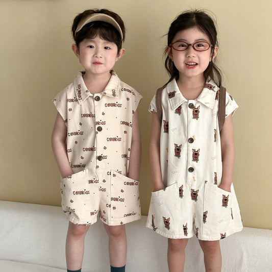 半袖ジャンプスーツ ドッグ犬/クッキー刺繍プリント半袖ジャンプスーツ【mh0010179】