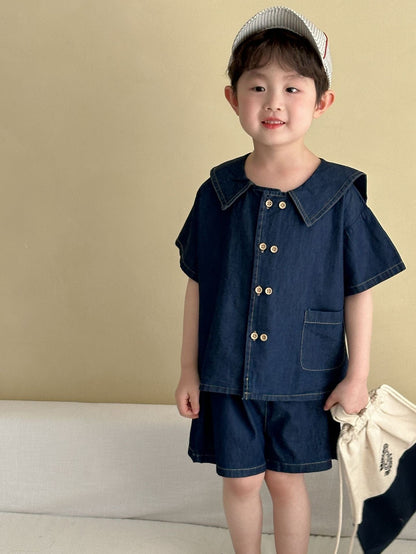 半袖セットアップ デニム半袖パフスリーブワンピース/半袖シャツ+パンツセット リンクコーデ【mh0010184】