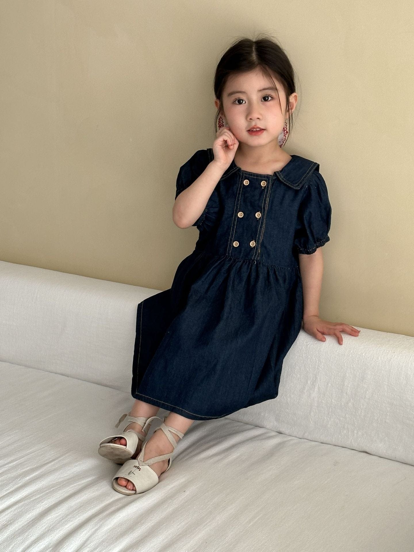 半袖セットアップ デニム半袖パフスリーブワンピース/半袖シャツ+パンツセット リンクコーデ【mh0010184】