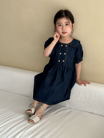 半袖セットアップ デニム半袖パフスリーブワンピース/半袖シャツ+パンツセット リンクコーデ【mh0010184】