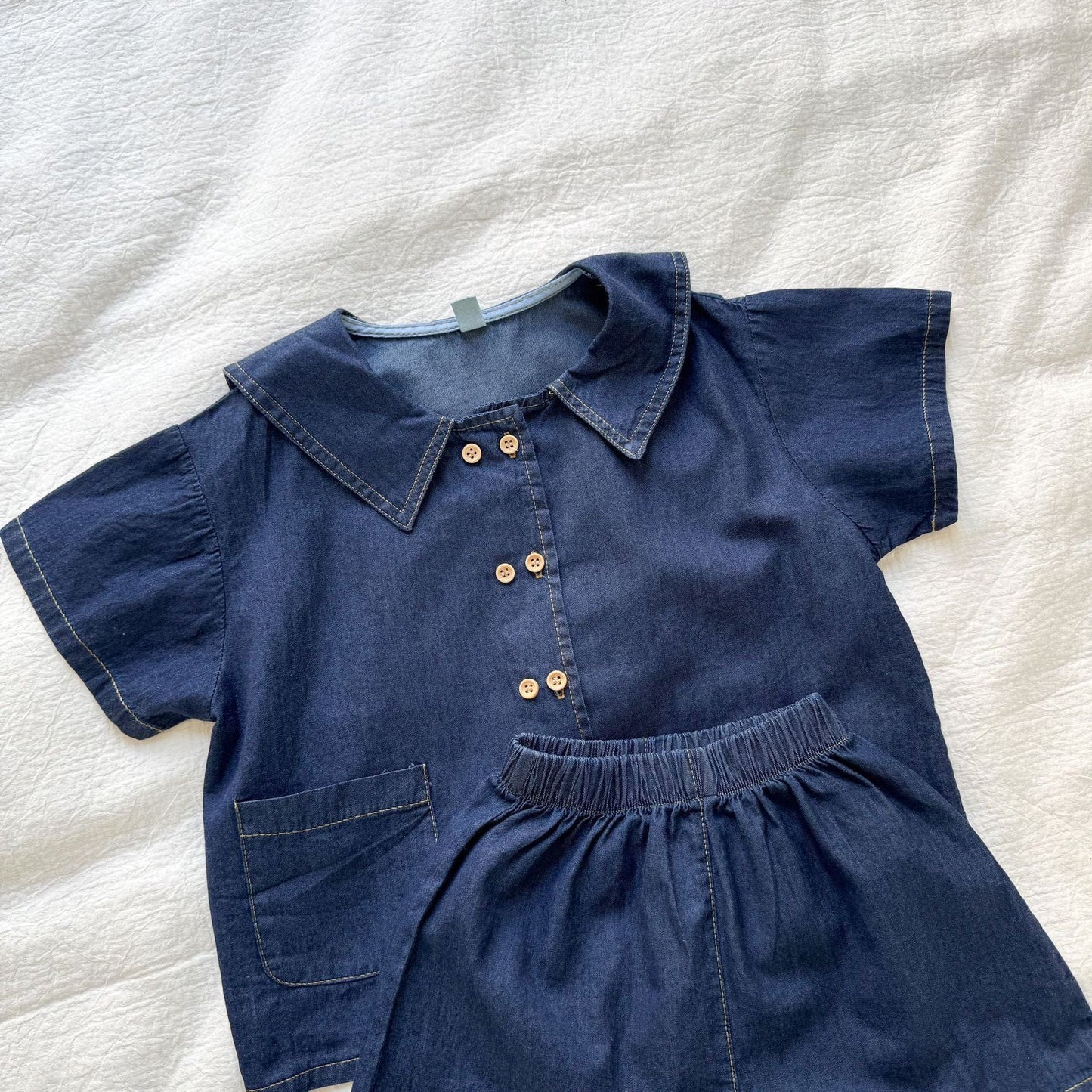 半袖セットアップ デニム半袖パフスリーブワンピース/半袖シャツ+パンツセット リンクコーデ【mh0010184】