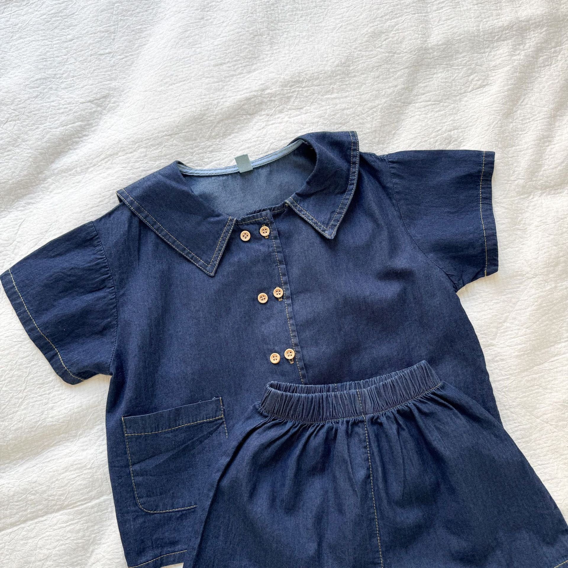 半袖セットアップ デニム半袖パフスリーブワンピース/半袖シャツ+パンツセット リンクコーデ【mh0010184】