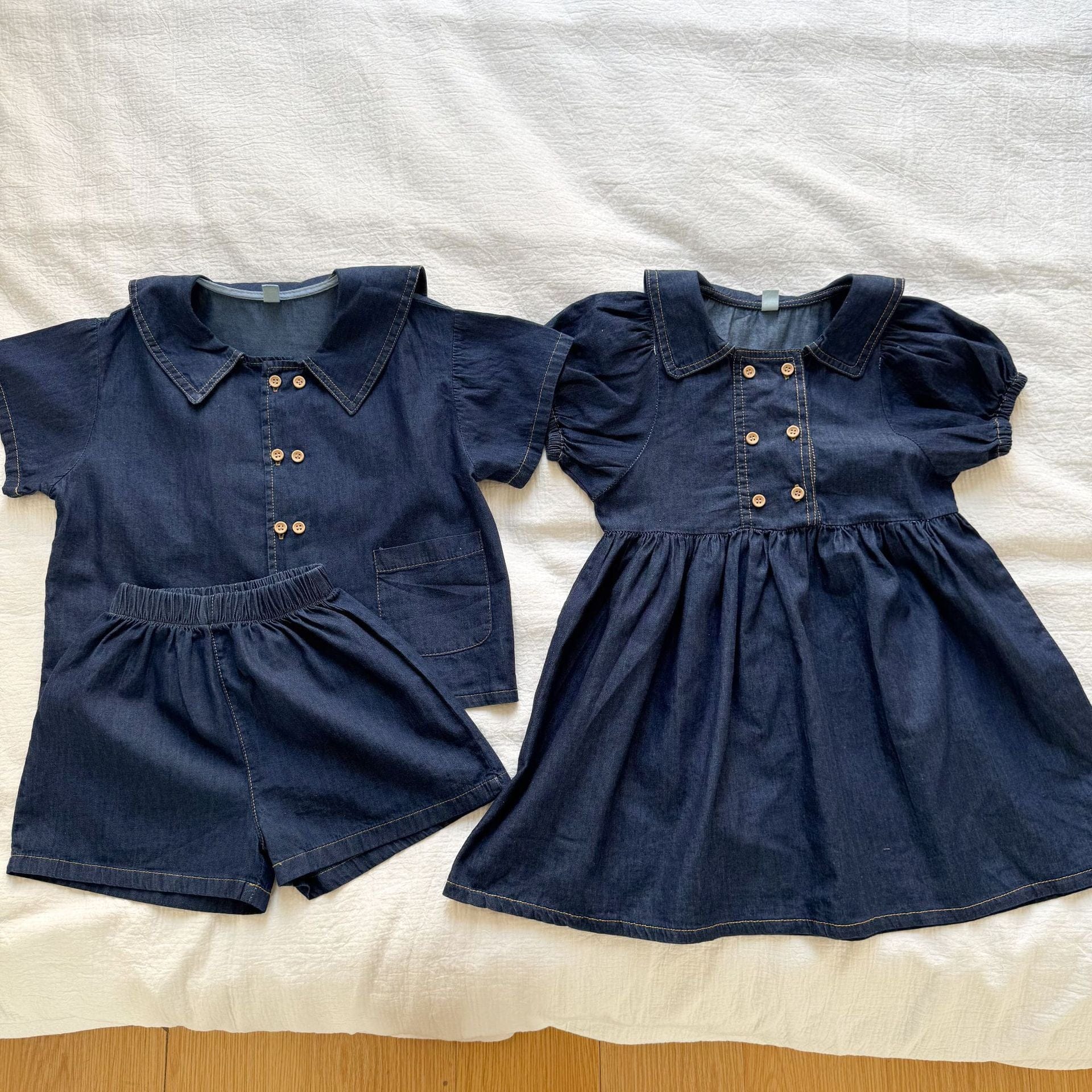 半袖セットアップ デニム半袖パフスリーブワンピース/半袖シャツ+パンツセット リンクコーデ【mh0010184】