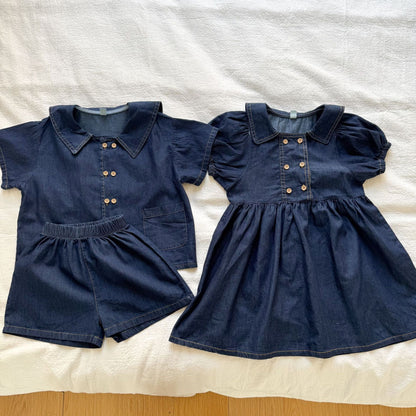 半袖セットアップ デニム半袖パフスリーブワンピース/半袖シャツ+パンツセット リンクコーデ【mh0010184】