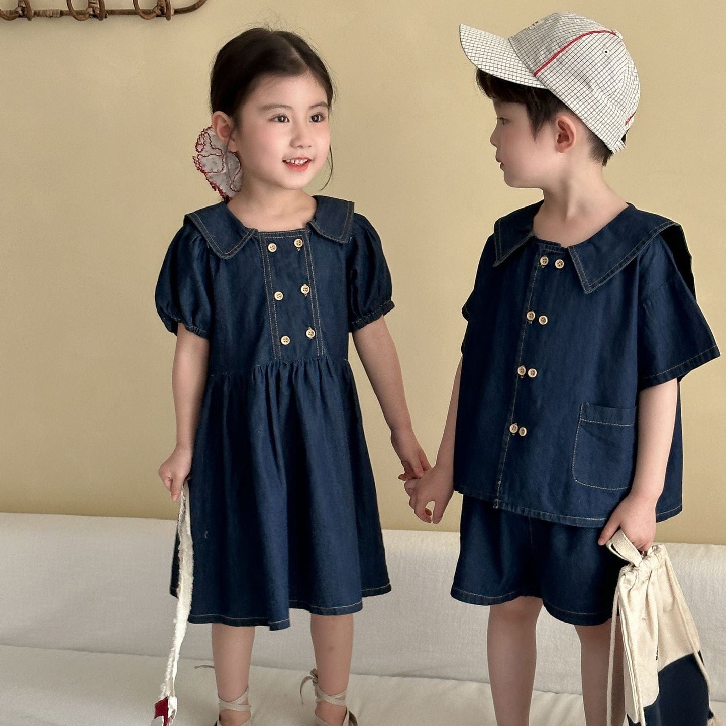 半袖セットアップ デニム半袖パフスリーブワンピース/半袖シャツ+パンツセット リンクコーデ【mh0010184】