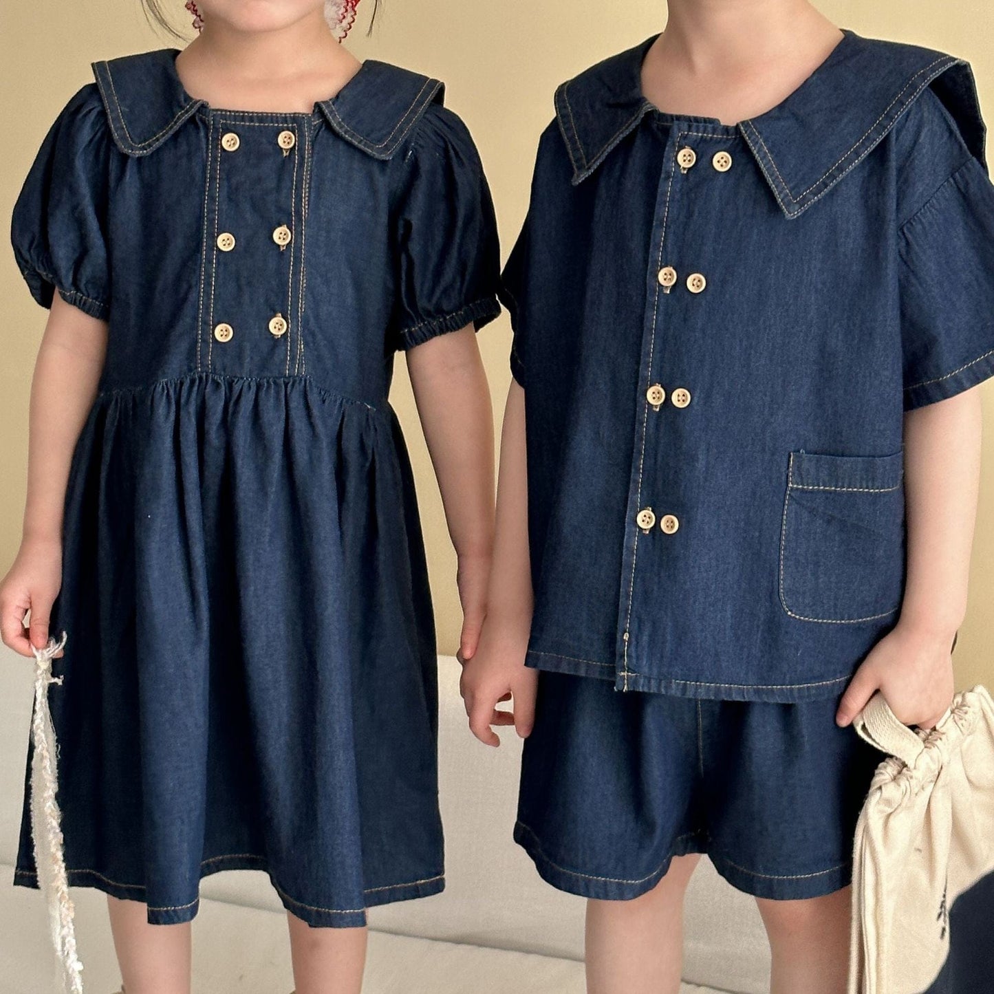 半袖セットアップ デニム半袖パフスリーブワンピース/半袖シャツ+パンツセット リンクコーデ【mh0010184】