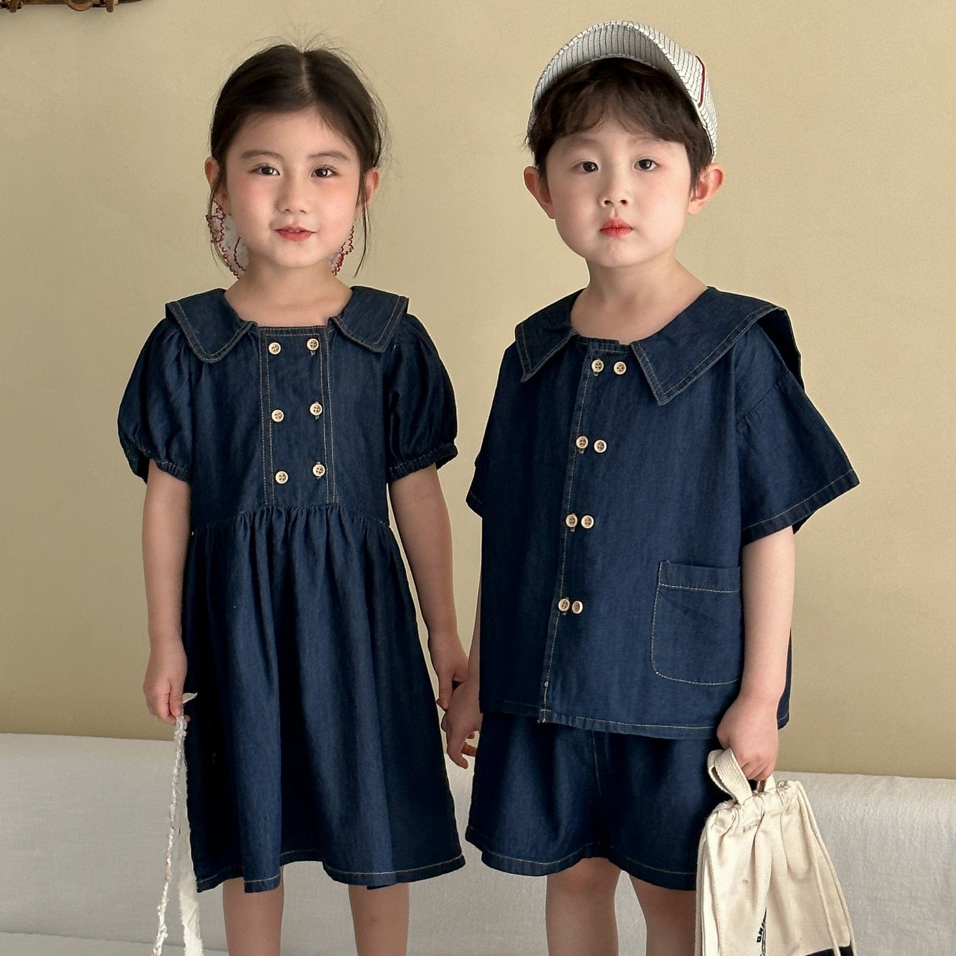 半袖セットアップ デニム半袖パフスリーブワンピース/半袖シャツ+パンツセット リンクコーデ【mh0010184】