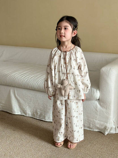 長袖パジャマ フラワープリント前あき長袖ガールズパジャマセット【mh0010479】