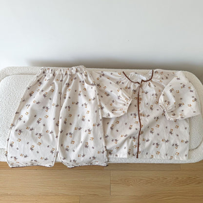 長袖パジャマ フラワープリント前あき長袖ガールズパジャマセット【mh0010479】