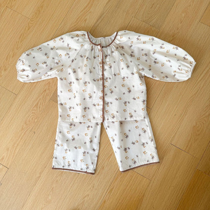 長袖パジャマ フラワープリント前あき長袖ガールズパジャマセット【mh0010479】