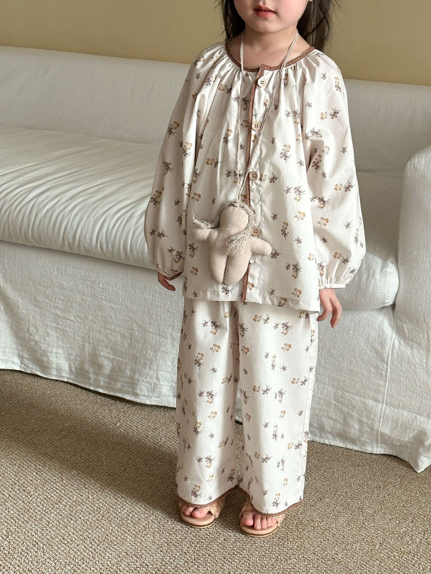 長袖パジャマ フラワープリント前あき長袖ガールズパジャマセット【mh0010479】