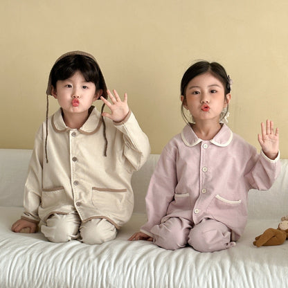 長袖パジャマ バイピング襟付き長袖シャツパジャマセット【mh0010480】