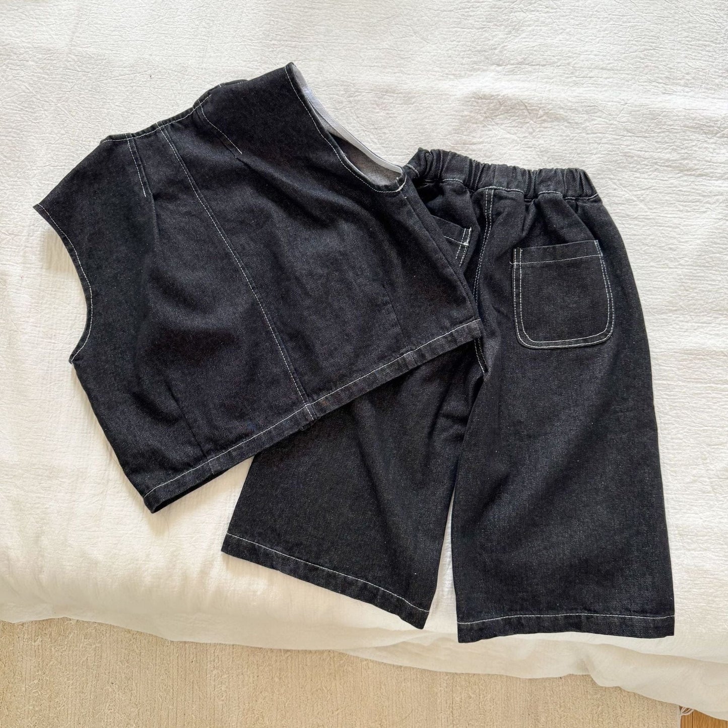 ノースリーブセットアップ デニムダブルボタンベスト/ワイドルーズロングデニムパンツジーンズ【mh0010491】