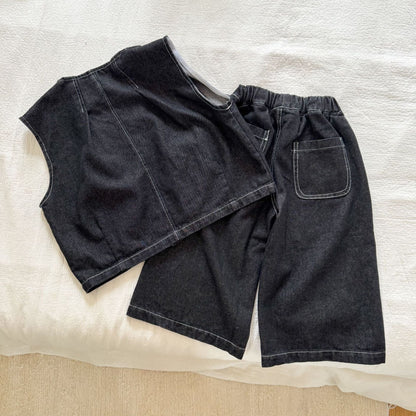 ノースリーブセットアップ デニムダブルボタンベスト/ワイドルーズロングデニムパンツジーンズ【mh0010491】