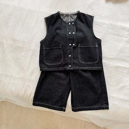 ノースリーブセットアップ デニムダブルボタンベスト/ワイドルーズロングデニムパンツジーンズ【mh0010491】