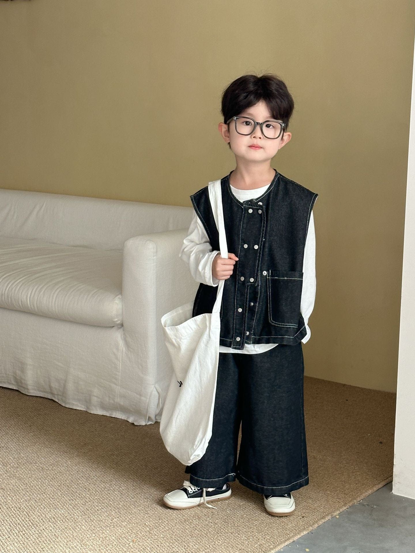 ノースリーブセットアップ デニムダブルボタンベスト/ワイドルーズロングデニムパンツジーンズ【mh0010491】