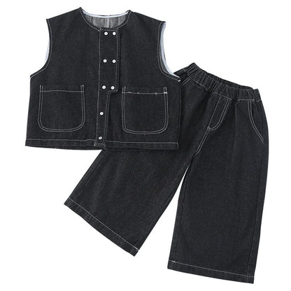 ノースリーブセットアップ デニムダブルボタンベスト/ワイドルーズロングデニムパンツジーンズ【mh0010491】