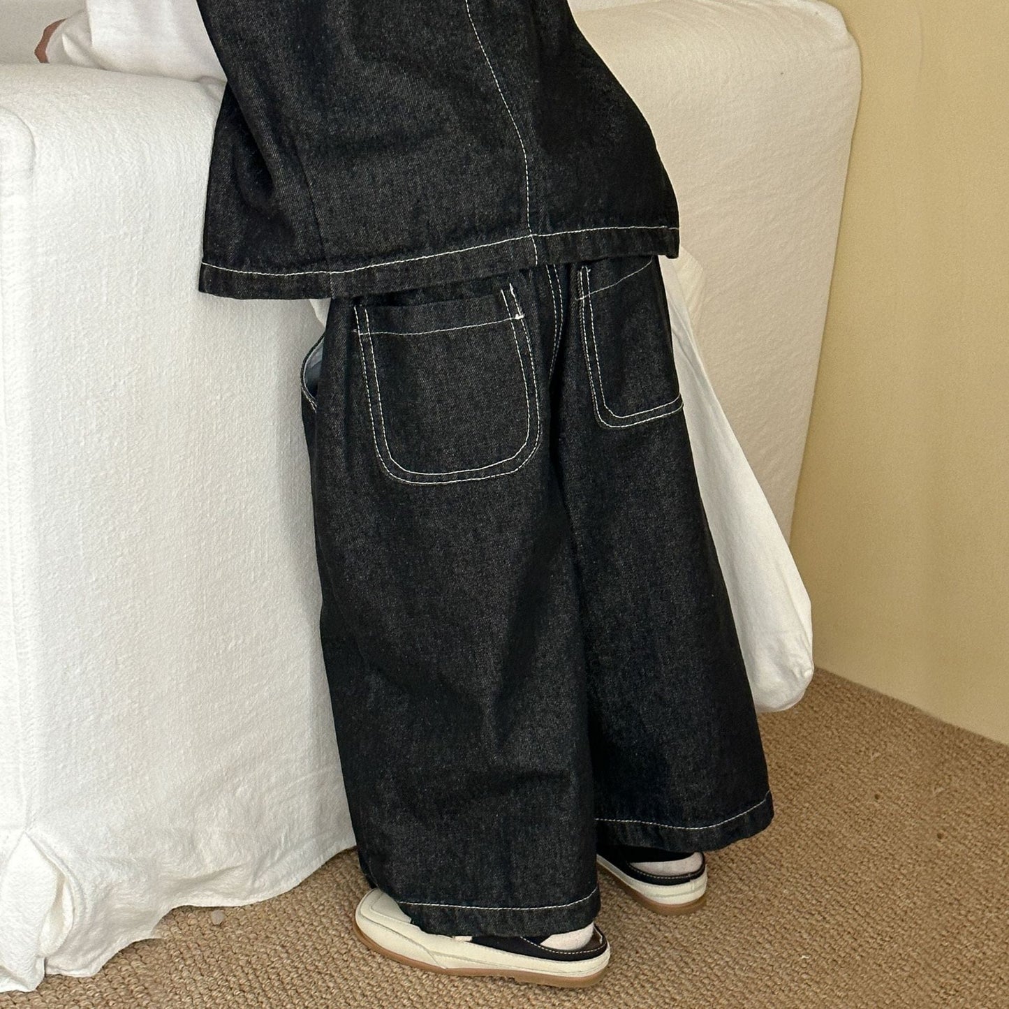 ノースリーブセットアップ デニムダブルボタンベスト/ワイドルーズロングデニムパンツジーンズ【mh0010491】