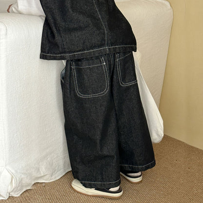 ノースリーブセットアップ デニムダブルボタンベスト/ワイドルーズロングデニムパンツジーンズ【mh0010491】