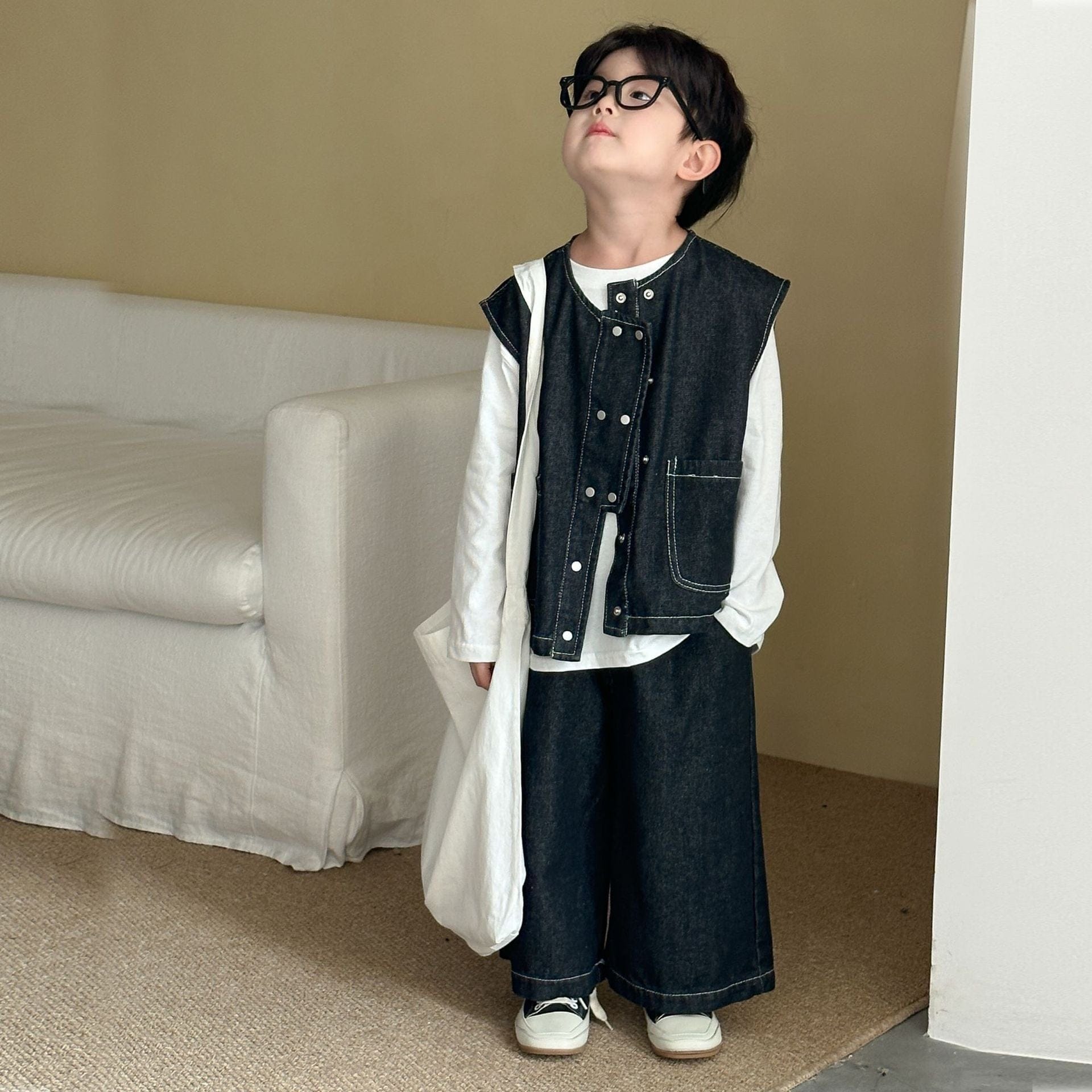 ノースリーブセットアップ デニムダブルボタンベスト/ワイドルーズロングデニムパンツジーンズ【mh0010491】