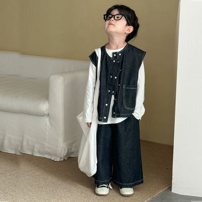 ノースリーブセットアップ デニムダブルボタンベスト/ワイドルーズロングデニムパンツジーンズ【mh0010491】