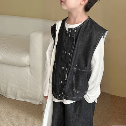 ノースリーブセットアップ デニムダブルボタンベスト/ワイドルーズロングデニムパンツジーンズ【mh0010491】